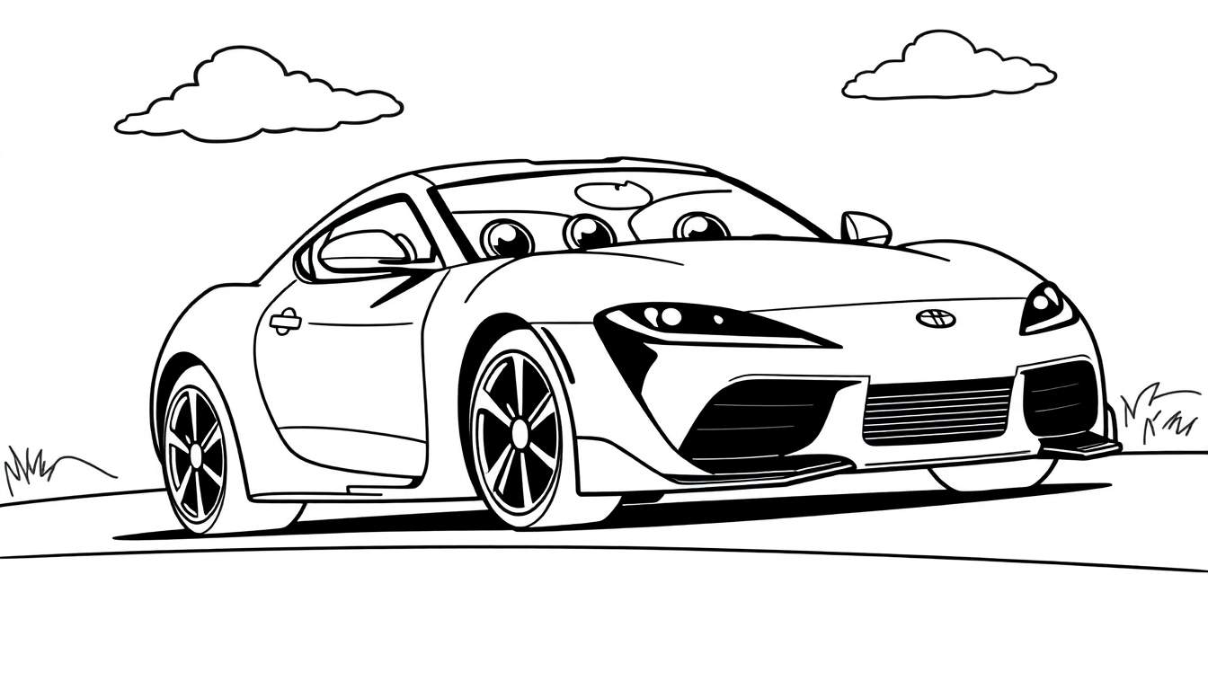 A black and white outline cartoon drawing of a Toyota Supra with large friendly eyes on the windshield, ready for coloring. This color panel features simple clouds and a road.