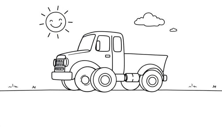 A friendly black and white cartoon truck in a sunny field, part of a color panel ready for drawing.