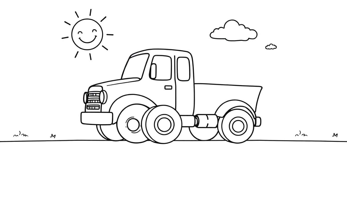 A friendly black and white cartoon truck in a sunny field, part of a color panel ready for drawing.
