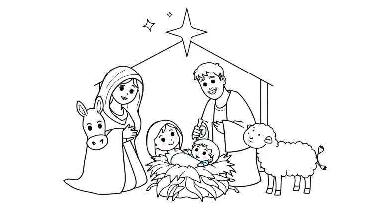 A black and white color panel illustration of a simple Nativity scene with baby Jesus in a manger, Mary, Joseph, a donkey, a sheep, and stars.