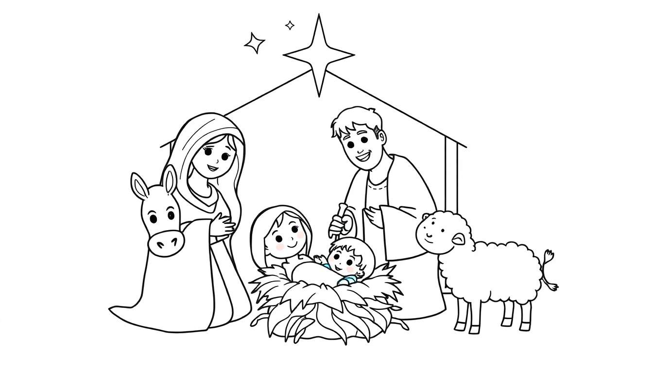A black and white color panel illustration of a simple Nativity scene with baby Jesus in a manger, Mary, Joseph, a donkey, a sheep, and stars.