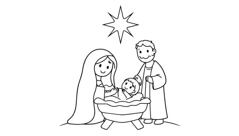 A cute black and white cartoon coloring panel of the Nativity scene. This color panel features Mary with a gentle smile, Joseph, and baby Jesus in a manger, all under a shining star. Simple shapes make this color panel easy for kids to color.
