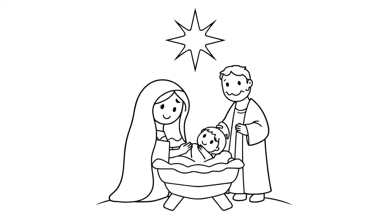 A cute black and white cartoon coloring panel of the Nativity scene. This color panel features Mary with a gentle smile, Joseph, and baby Jesus in a manger, all under a shining star. Simple shapes make this color panel easy for kids to color.