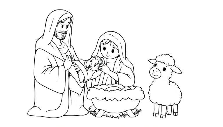 A simple black and white illustration of a Nativity scene, perfect for a color panel, showing Baby Jesus, Mary, Joseph, and a sheep.