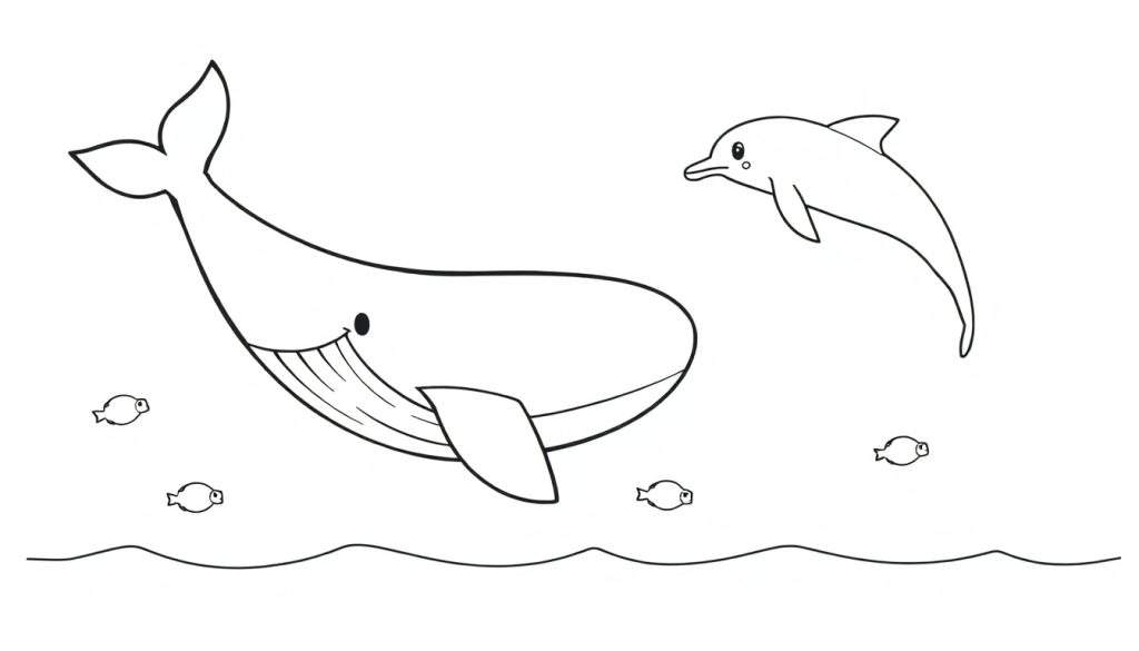 A friendly whale and a playful dolphin are drawn in black and white, ready for a color panel, swimming with small fish in wavy ocean water.