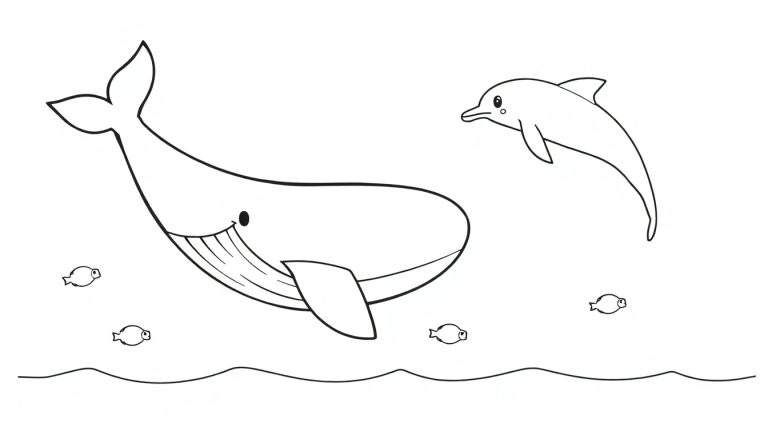 A friendly whale and a playful dolphin are drawn in black and white, ready for a color panel, swimming with small fish in wavy ocean water.