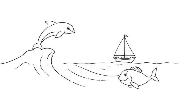 A black and white illustration of a playful marine scene, perfect for a color panel. Features a dolphin leaping from a wave, a sailboat in the distance, and a smiling fish in the foreground, all ready for coloring fun.