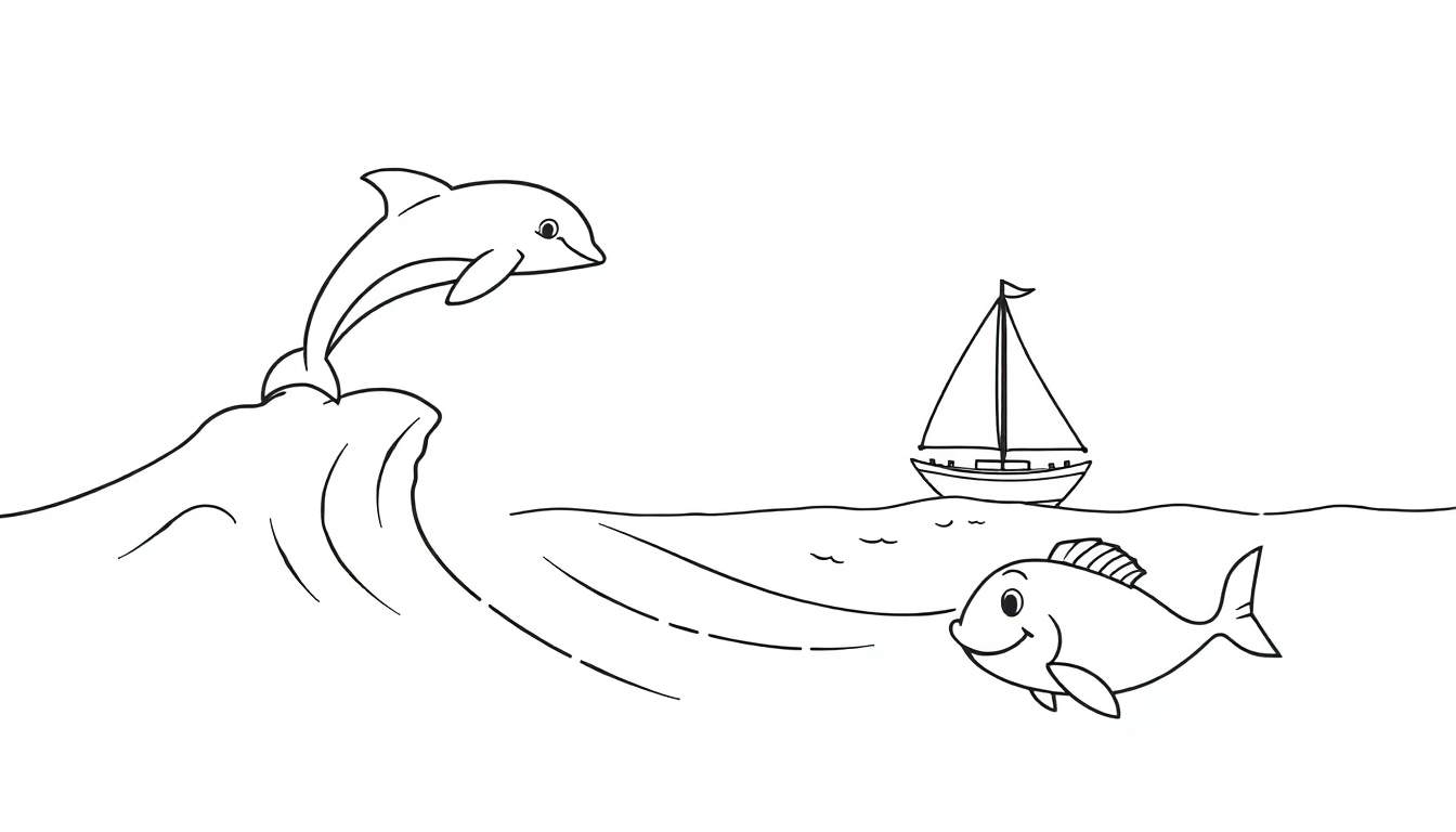 A black and white illustration of a playful marine scene, perfect for a color panel. Features a dolphin leaping from a wave, a sailboat in the distance, and a smiling fish in the foreground, all ready for coloring fun.