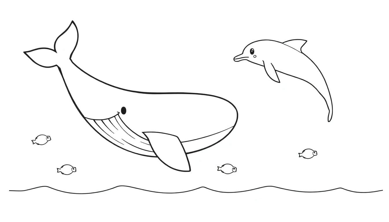 A friendly whale and a playful dolphin are drawn in black and white, ready for a color panel, swimming with small fish in wavy ocean water.