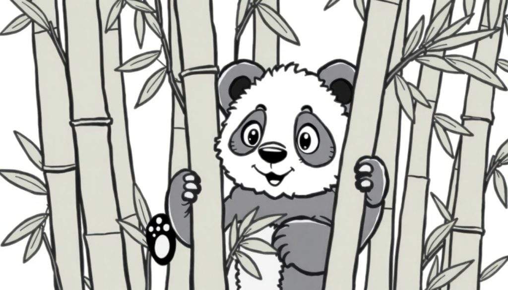 A cute panda cub in a color panel, ready to be colored. Black and white line art shows the panda among bamboo.