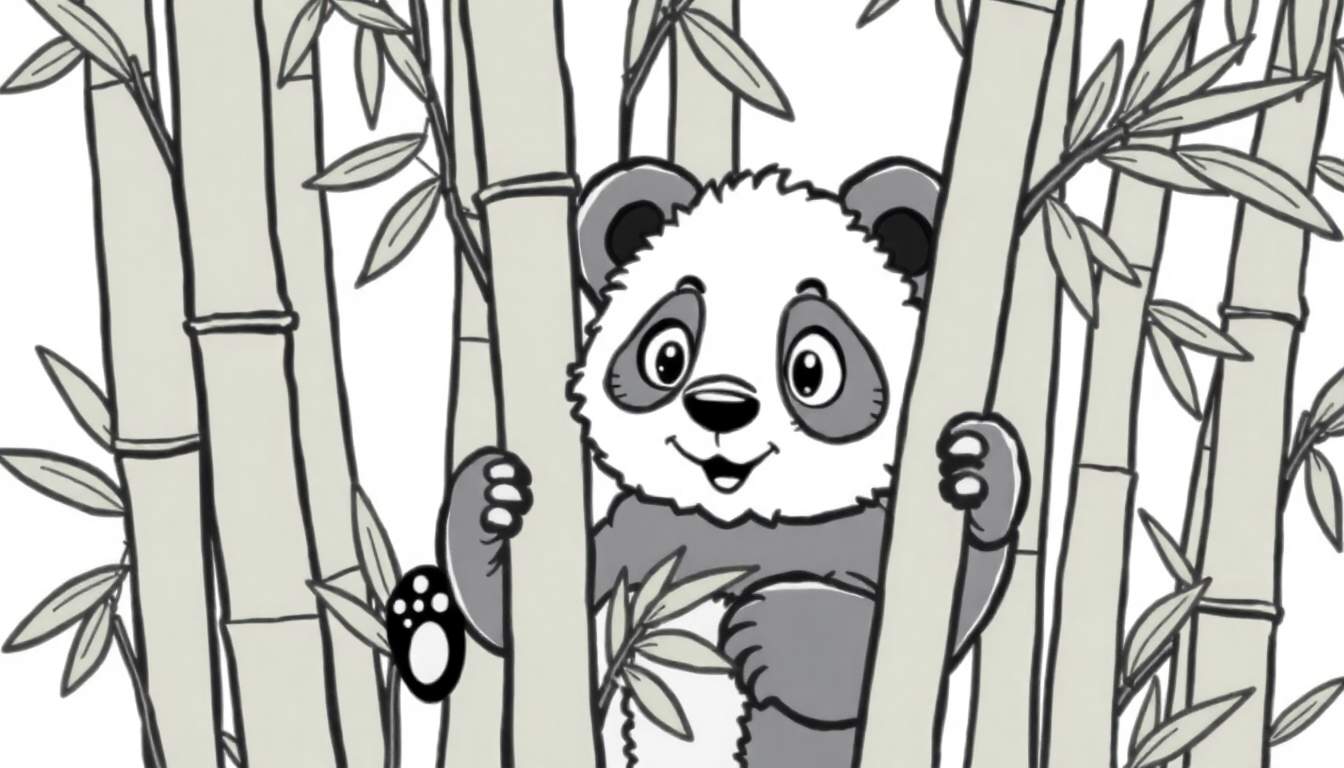A cute panda cub in a color panel, ready to be colored. Black and white line art shows the panda among bamboo.