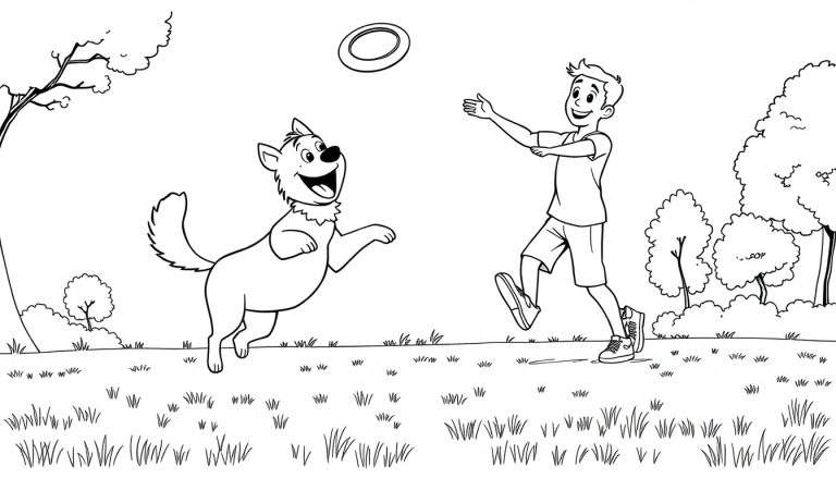 A black and white color panel illustration of a happy boy and a dog playing fetch in a park.