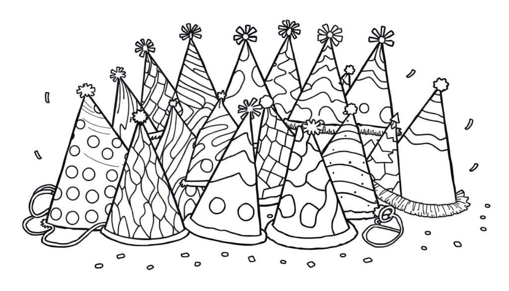 A black and white color panel illustration of scattered party hats and confetti.