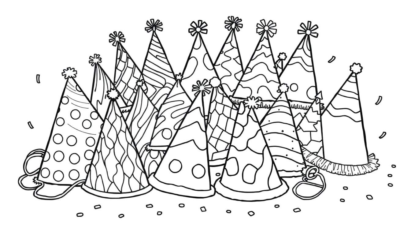 A black and white color panel illustration of scattered party hats and confetti.