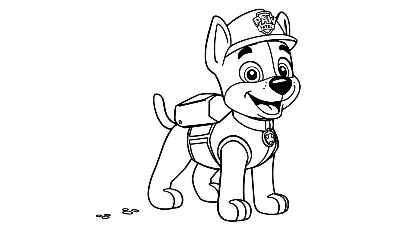 A fun black and white Paw Patrol color panel with Chase ready for action!