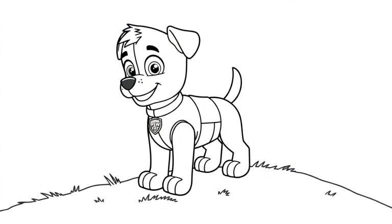 A cute Paw Patrol pup, ready for adventure! Black and white coloring page, this color panel shows a happy dog on grass.