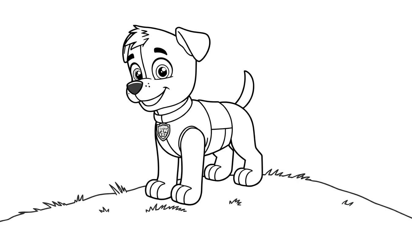 A cute Paw Patrol pup, ready for adventure! Black and white coloring page, this color panel shows a happy dog on grass.