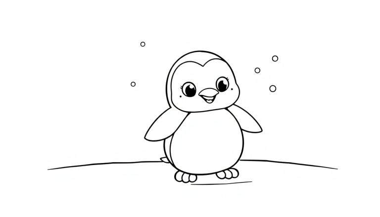 A cute baby penguin in a black and white color panel, ready to be colored.