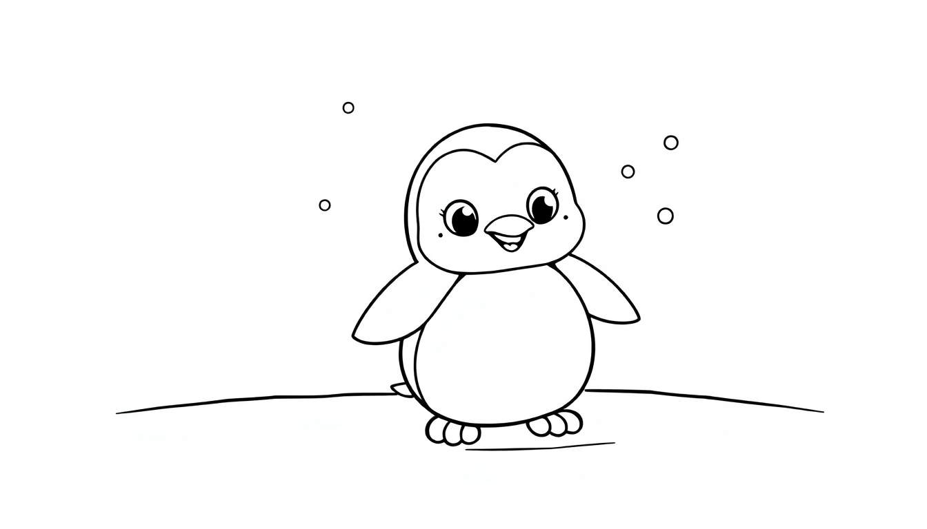 A cute baby penguin in a black and white color panel, ready to be colored.
