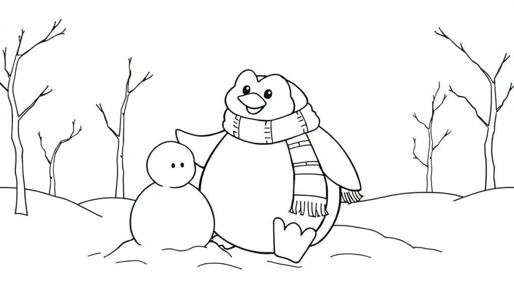 A cute penguin in a striped scarf stands next to a simple snowman, a winter scene for a color panel.