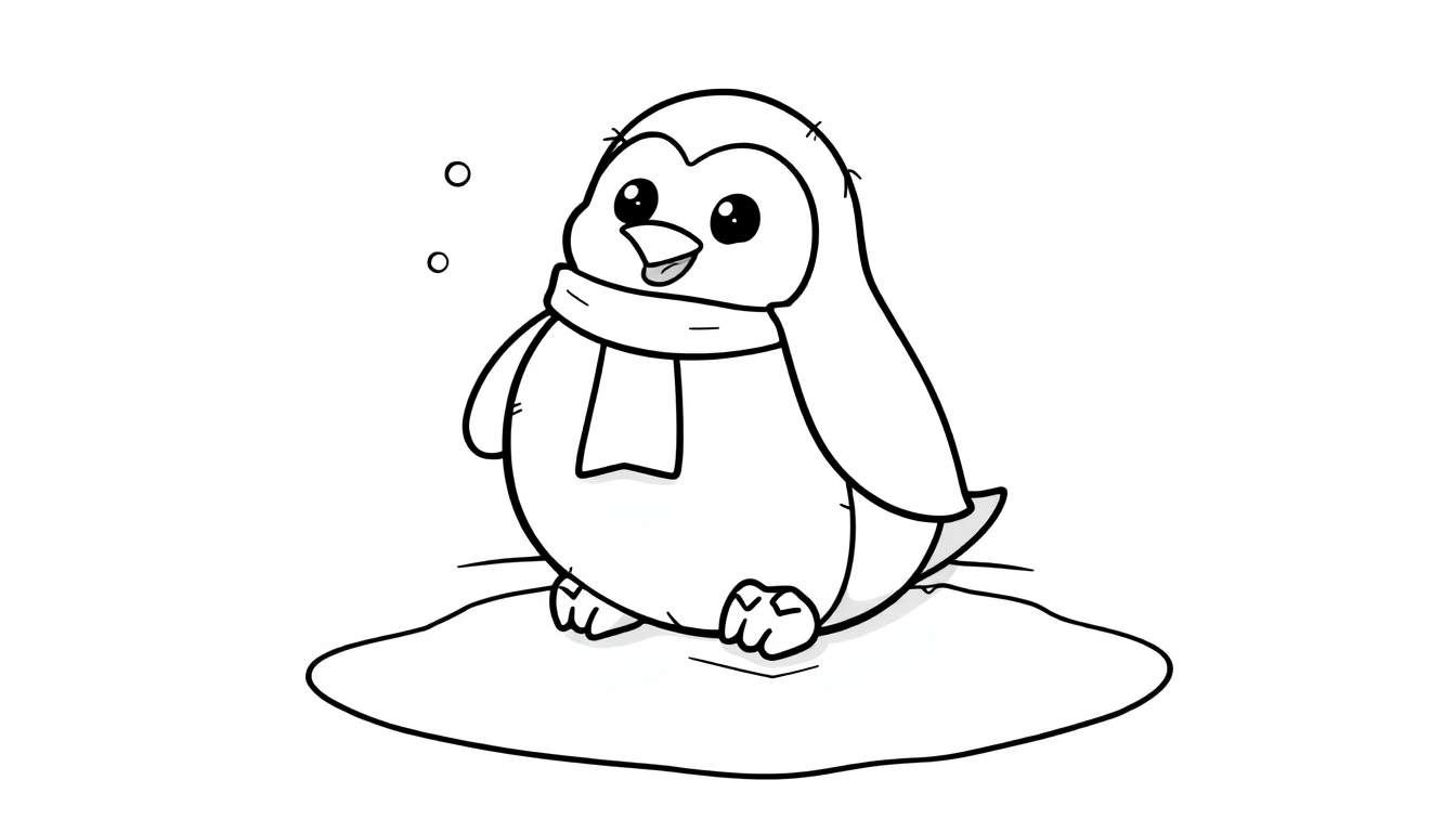 A cute black and white cartoon penguin with a scarf, ready for coloring. This color panel is fun!
