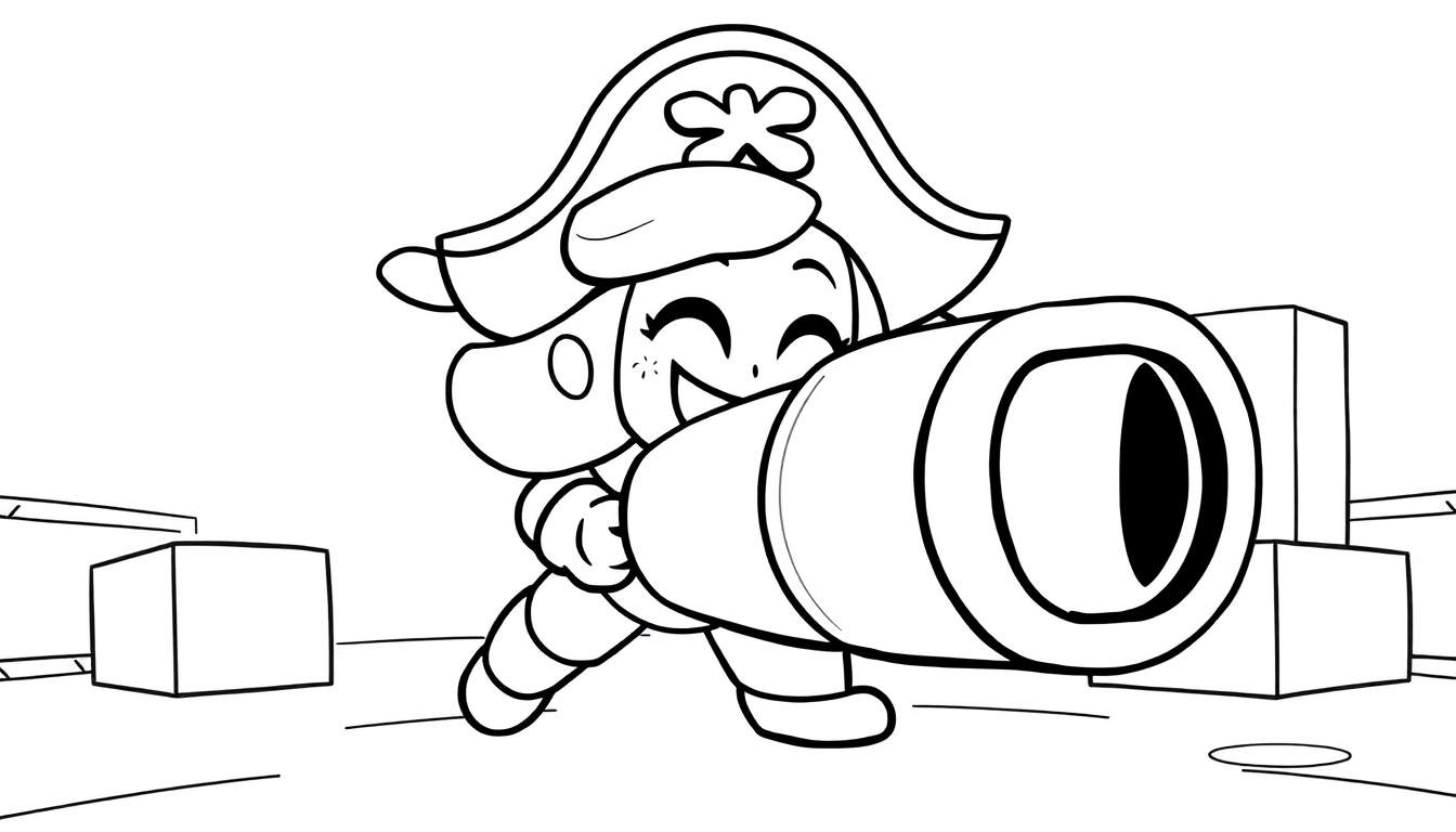 A cute black and white line drawing of Penny from Brawl Stars, a child-like pirate character, happily firing a large cannon. This is a color panel for kids.