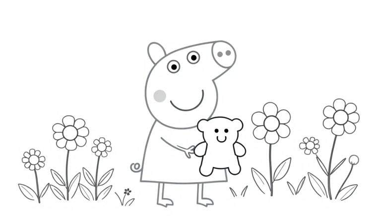 A black and white outline style color panel of Peppa Pig holding her teddy bear in a field of flowers.