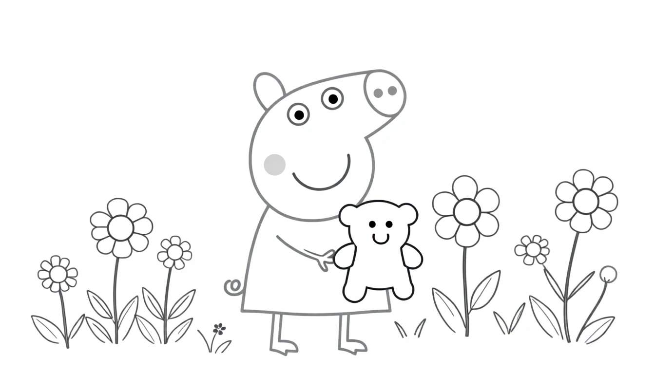 A black and white outline style color panel of Peppa Pig holding her teddy bear in a field of flowers.