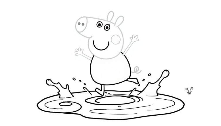 Peppa Pig coloring panel, happily jumping in a muddy puddle with splashes. Simple lines for kids to color.