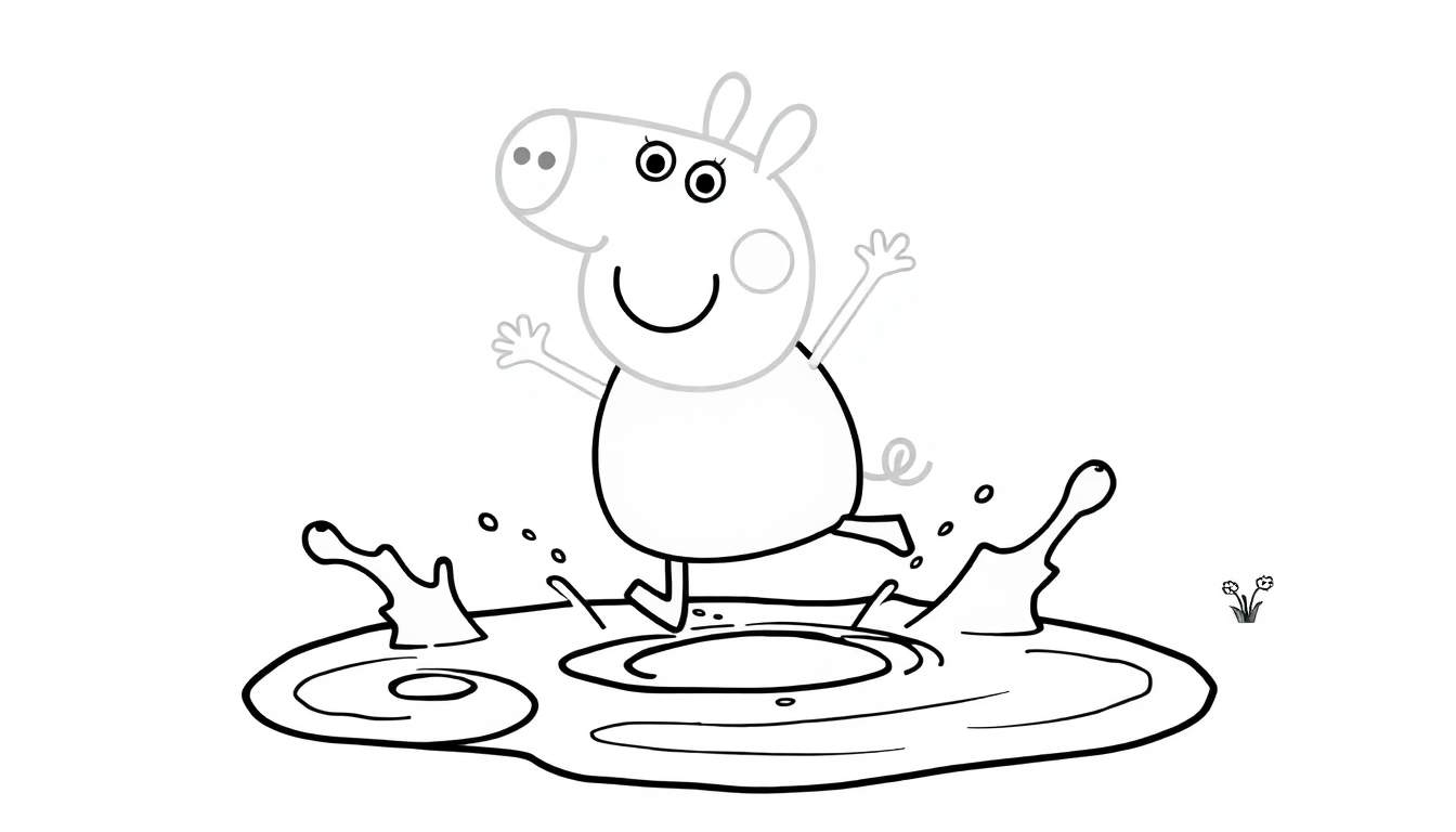 Peppa Pig coloring panel, happily jumping in a muddy puddle with splashes. Simple lines for kids to color.