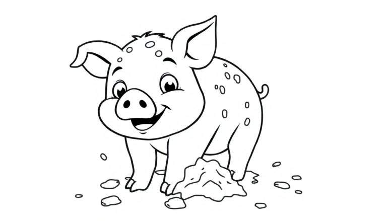 A cute black and white piglet outlined for a color panel, ready for artistic fun.