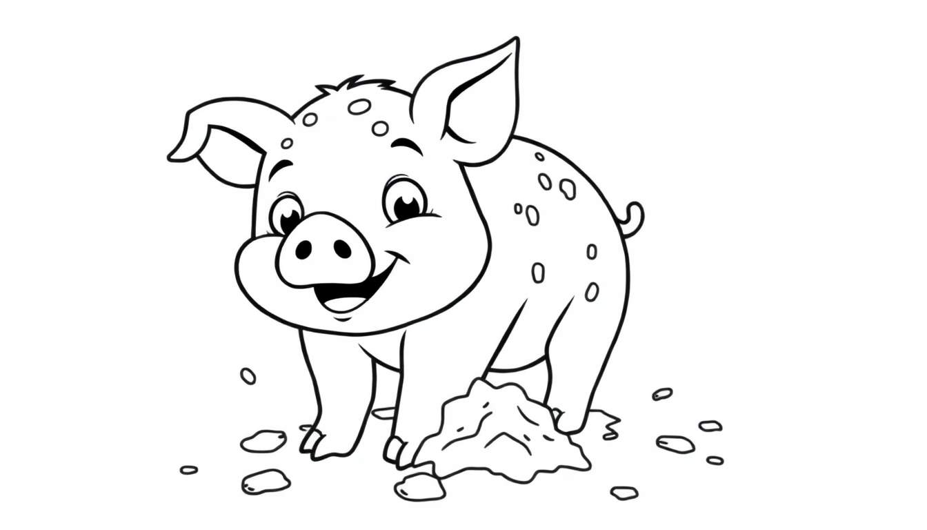 A cute black and white piglet outlined for a color panel, ready for artistic fun.