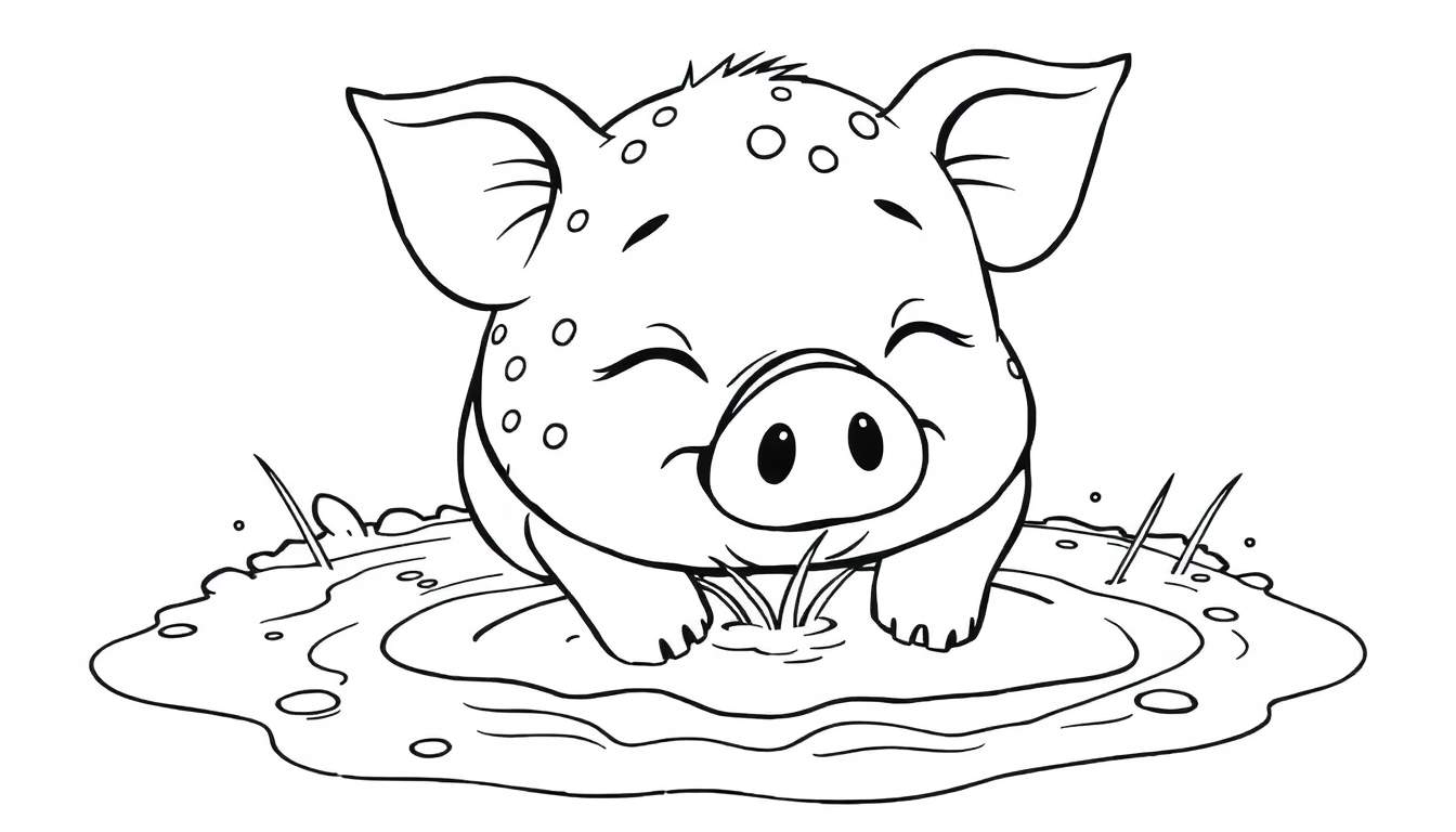 A happy piglet with big floppy ears and closed eyes, covered in mud spots, in a muddy color panel.