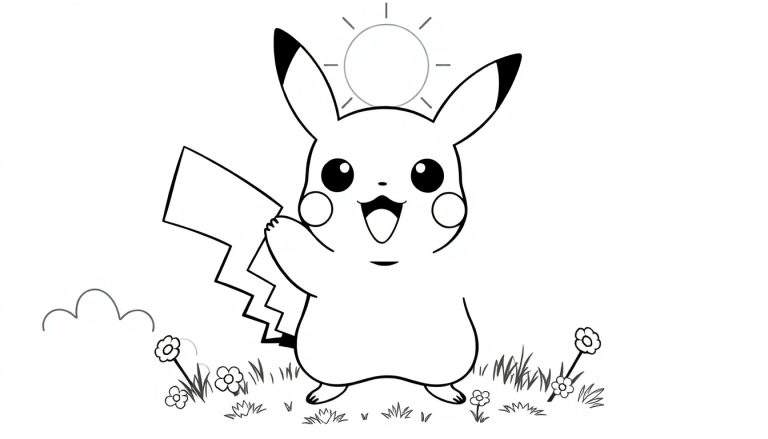 A black and white color panel of Pikachu smiling with its mouth open, pointy ears, and lightning bolt tail in a sunny field with grass, flowers, and a cloud. The sun has rays extending from it.