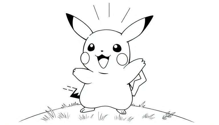 A black and white line drawing of Pikachu with arms out, smiling, on grass. This is a color panel for kids to color.