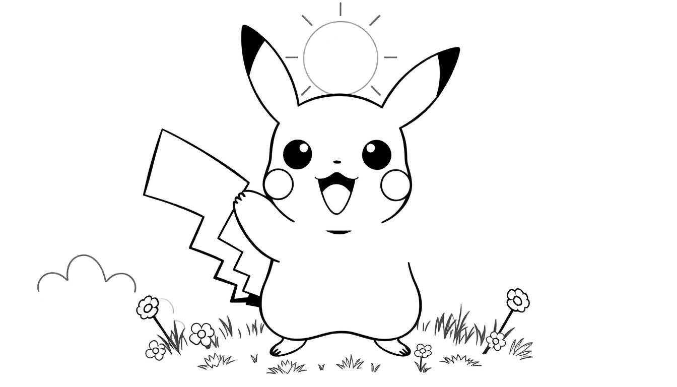 A black and white color panel of Pikachu smiling with its mouth open, pointy ears, and lightning bolt tail in a sunny field with grass, flowers, and a cloud. The sun has rays extending from it.