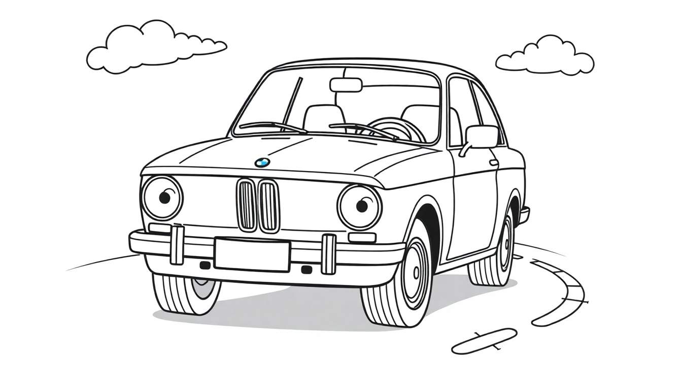 A cute black and white illustration of a playful BMW car, ready for little hands to color panel!