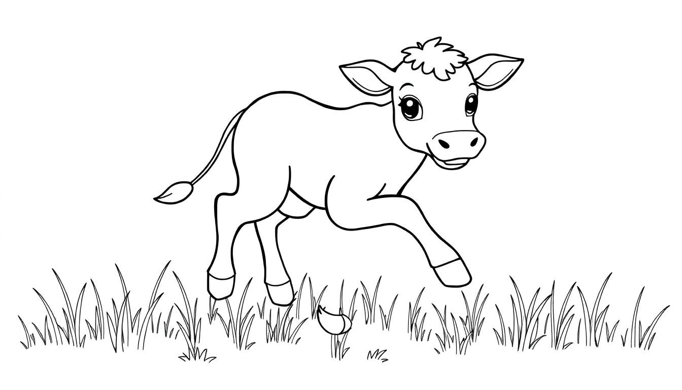 A black and white line drawing of a happy calf in a field, ready for a color panel.