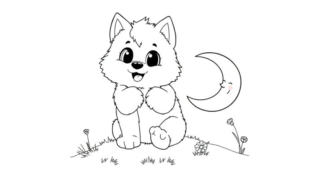 A black and white line art coloring panel of a cute wolf cub playing with a smiling moon.