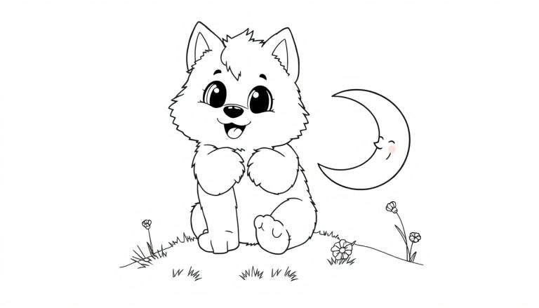 A black and white line art coloring panel of a cute wolf cub playing with a smiling moon.