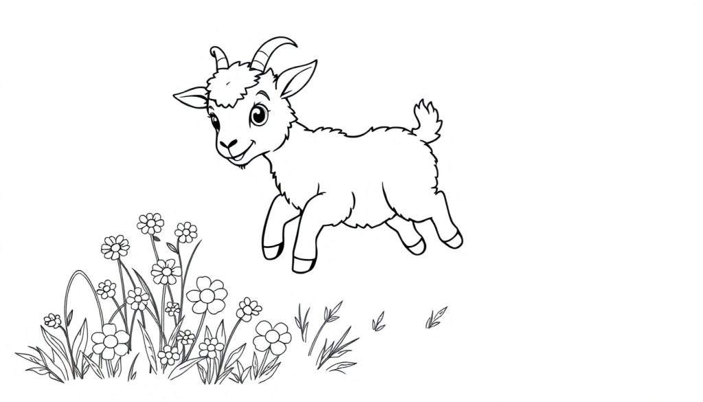 A cartoon outline of a happy baby goat jumping in a field of flowers, ready for a color panel.