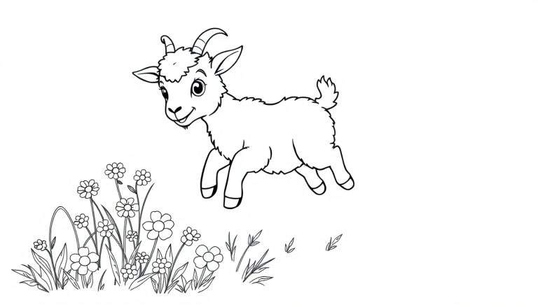 A cartoon outline of a happy baby goat jumping in a field of flowers, ready for a color panel.