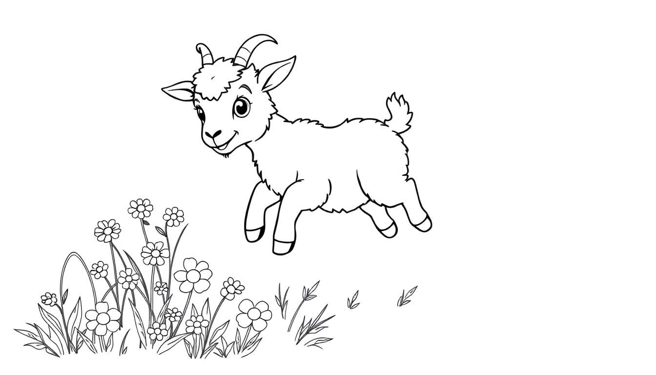 A cartoon outline of a happy baby goat jumping in a field of flowers, ready for a color panel.