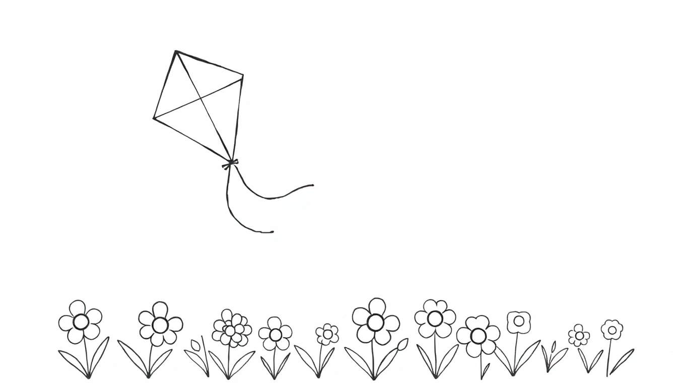 A black and white color panel drawing of a kite flying above happy flowers.