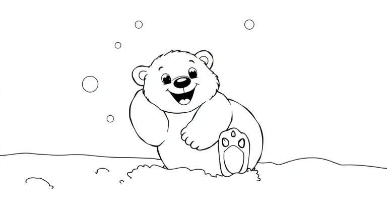 A happy polar bear cub in a black and white color panel, playing in the snow with floating circles.