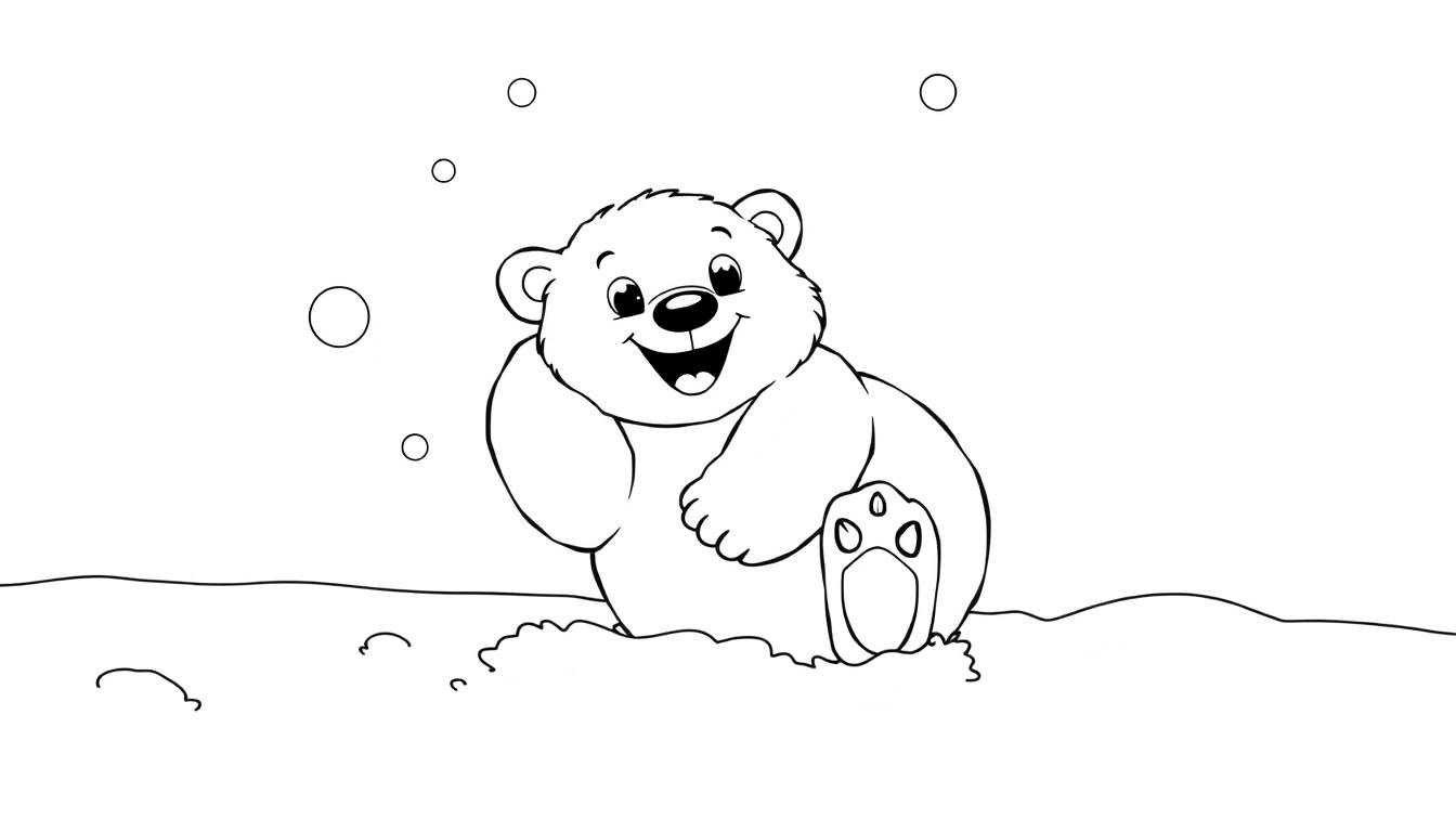 A happy polar bear cub in a black and white color panel, playing in the snow with floating circles.