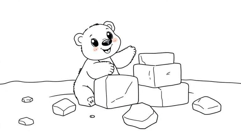 A cute baby polar bear in a black and white color panel drawing, happily stacking ice blocks.