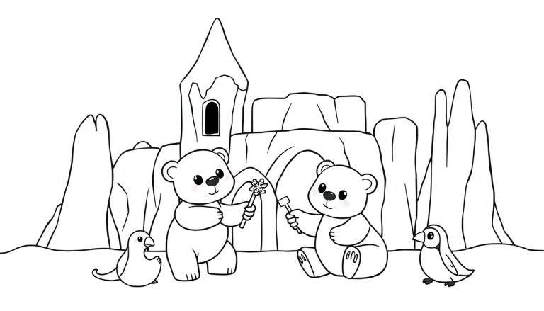 A color panel featuring a polar bear cub with a wand and another polar bear with a hammer, with penguins around an ice castle.