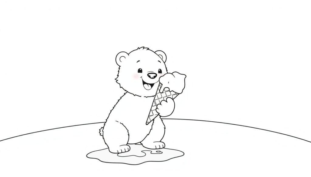 A cute cartoon polar bear holding a melting ice cream cone, ready for a coloring panel.