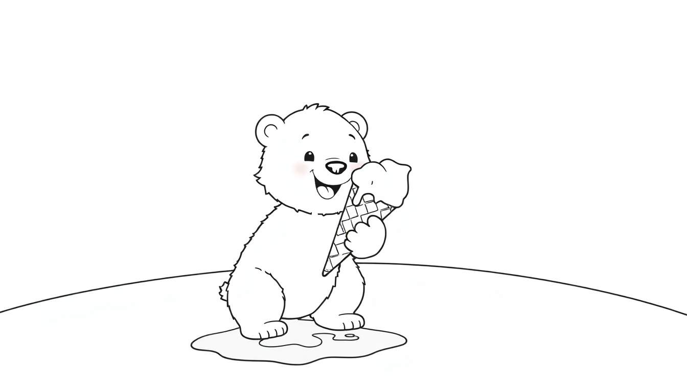 A cute cartoon polar bear holding a melting ice cream cone, ready for a coloring panel.